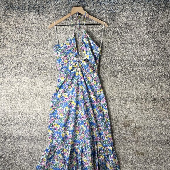 Lulus Dress Womens Medium White Floral Deanna Halter Open Back Ruffle Midi - Picture 1 of 8